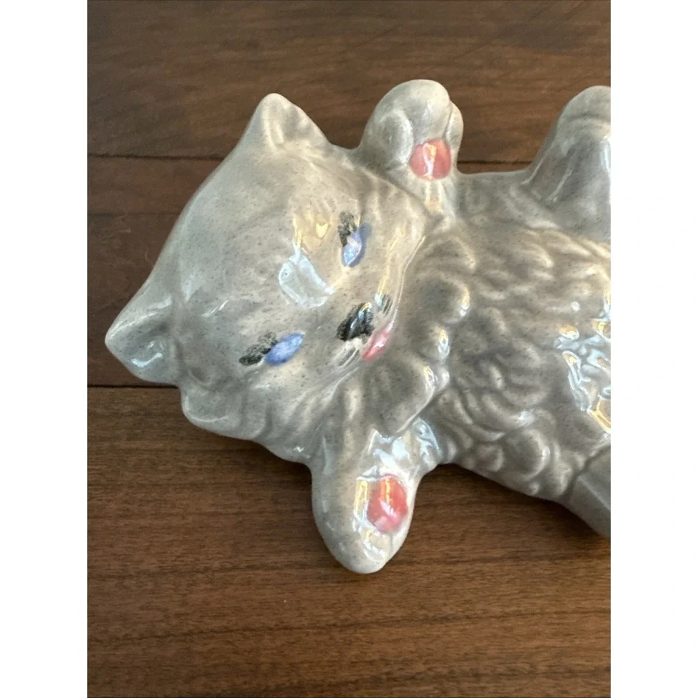 Vintage White Ceramic Persian Cat Pink Paws Blue Eyes Kitty Laying On Back